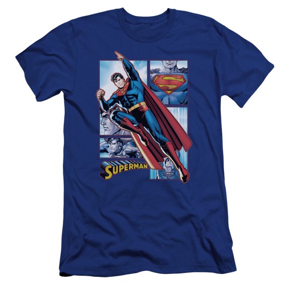 JLA Justice League Superman Panels Premium Canvas Adult Slim Fit 30/1 T-Shirt Royal Blue