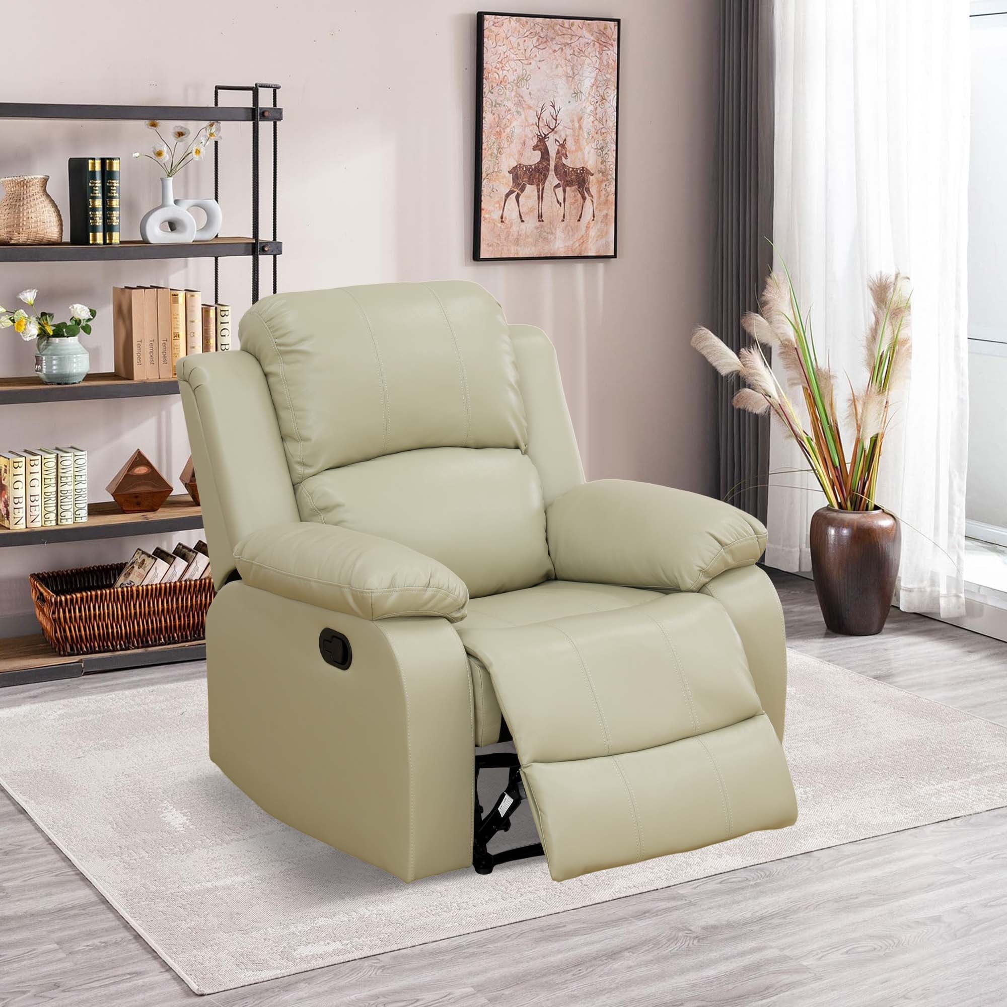 Aukfa Leather Recliner Chair, 38" Overstuffed Armchair Living Room Home Theater Lounge Seat, Beige