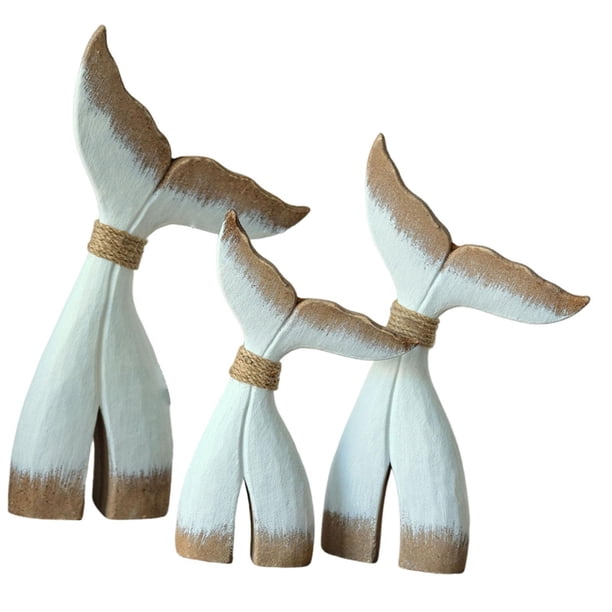 3 piezas de estatua de cola de ballena de madera, figura decorativa, regalo coleccionable, animal Marrón Blanco