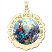 Holy Trinity Scalloped Round Religious Medal Color - 3/4 Inch Size of a Nickel -Solid 14K Yellow Gold