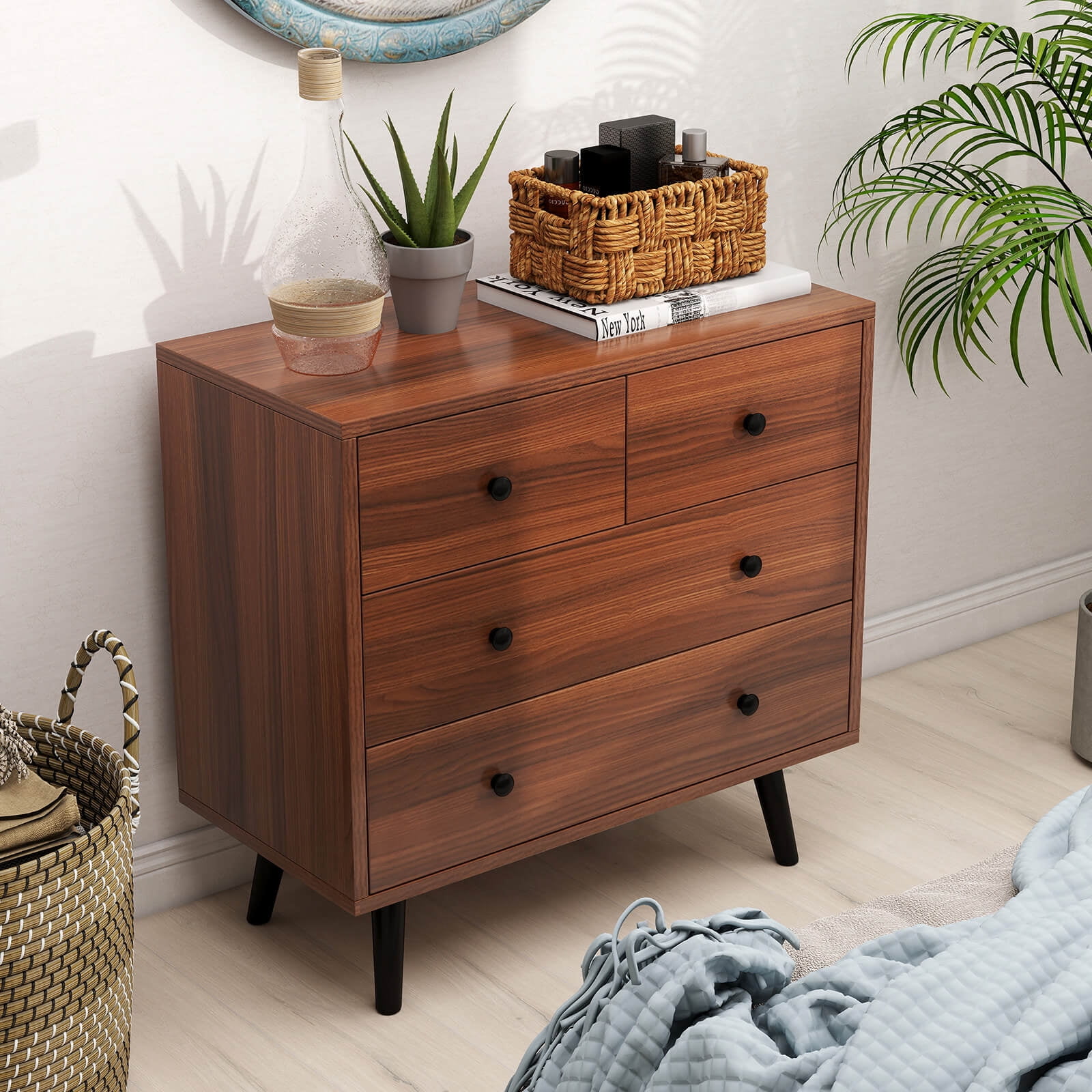 Costway 4 Drawer Dresser for Bedroom Wide Chest of Drawers with Metal Guide Rails Walnut