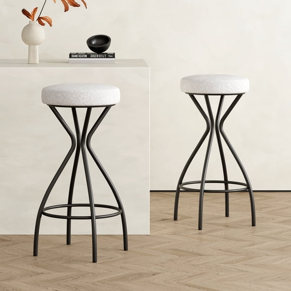 Modern Backless Bar Stools Set of 2 Round Upholstered Counter Stools for Kitchen Island Floral Print Dining Chairs