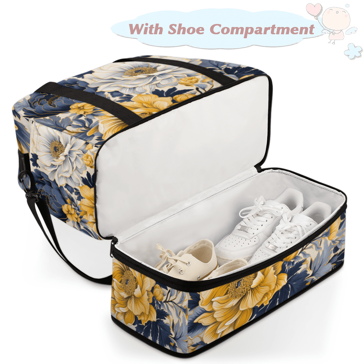 Herdesigns Navy Blue Floral Foldable Travel Duffle Bag for Women and Men Lightweight Carry On Overnight Bag Yellow Flowers Gym Luggage Weekender Bags with Shoe Compartment