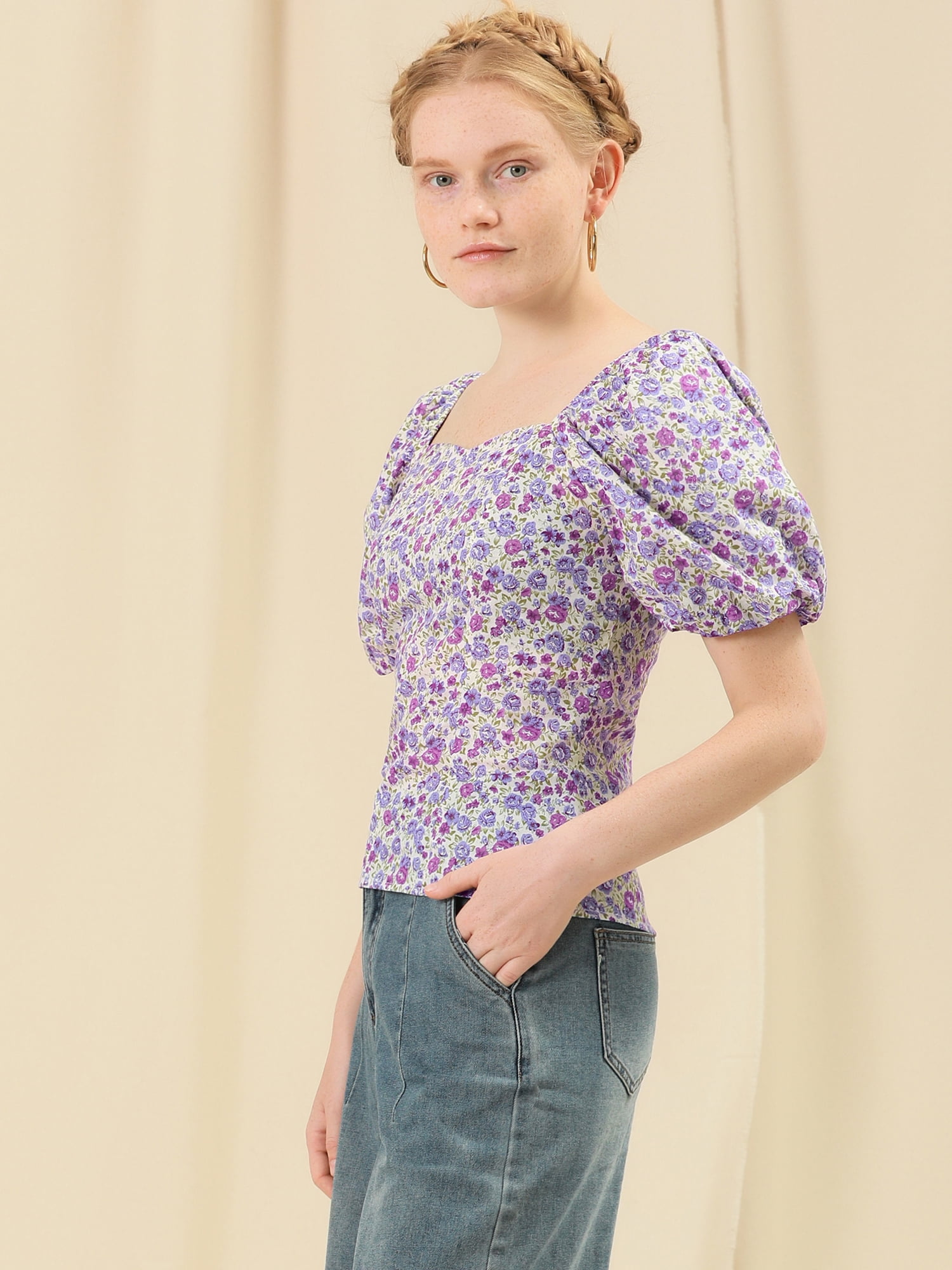 DARING DIVA Puff Sleeve Sweetheart Neck Smocked Floral Top M Purple