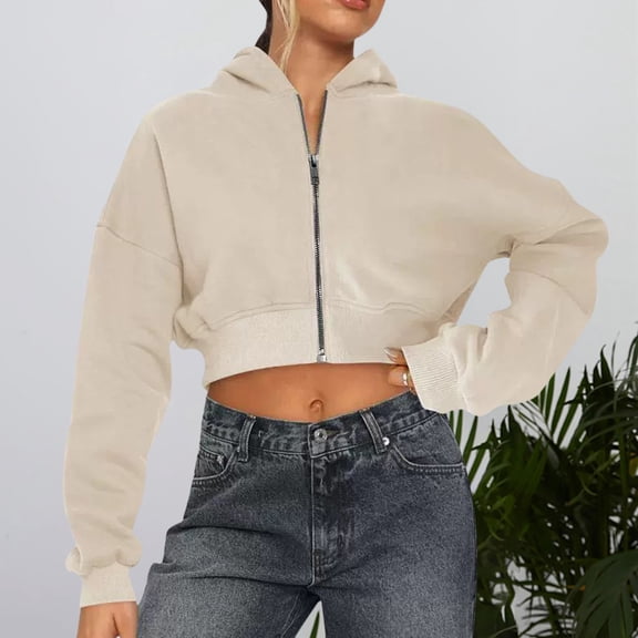 FASHOFT Womens Cropped Zip Up Hoodie Long Sleeve Crop Hooded Jacket with Pocket Comfy Y2K Sweatshirt Streetwear Beige L