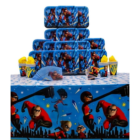 Custom Number Plates Stickers Incredibles 2 Party Pack Seats 16 - Napkins, Plates, Cups, Tablecloth and Stickers - Incredibles 2 Party Supplies, Deluxe Party Pack ()