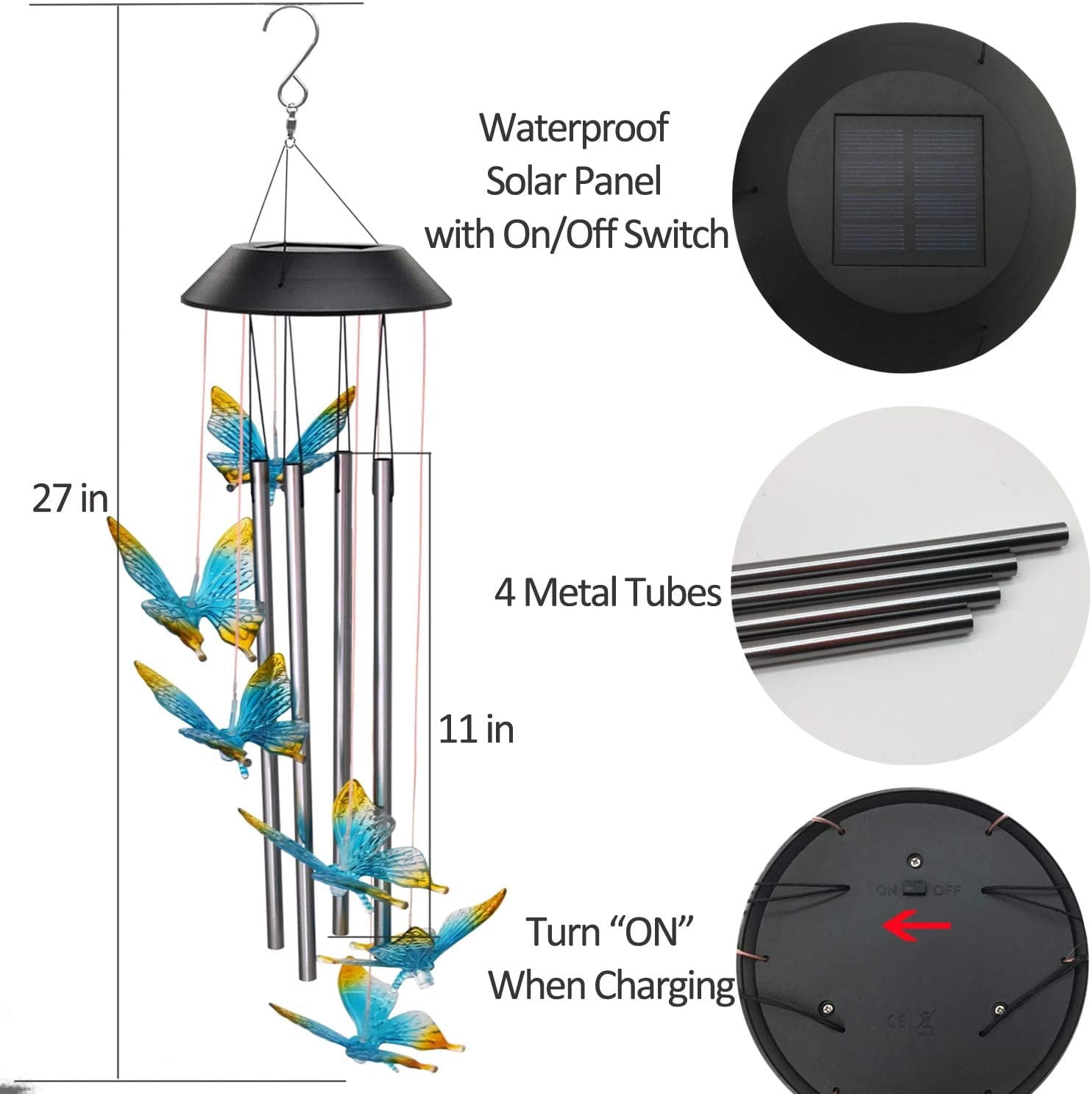 Solar Wind Chimes for Outside, Butterfly Windchimes with Music Metal Tubes, 7 Colors Changing LED Lights, Waterproof Wind Bells for Indoor Outdoor, Garden, Patio Decor, Love Memorial, Mom Gift