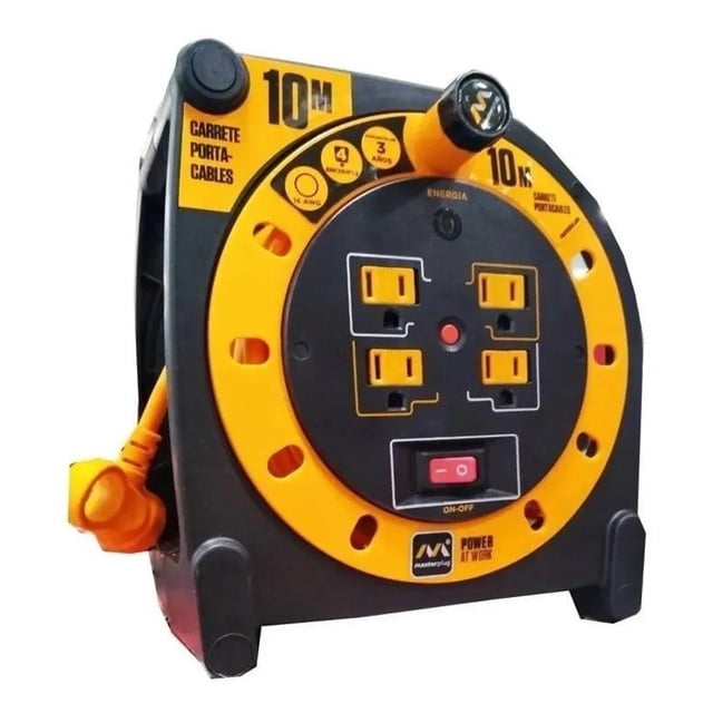 Extension Electrica Retractil Carrete 10 Mts 4 Cont Uso Rudo Master Plus Negro