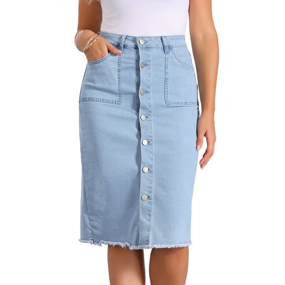 DARING DIVA Women's Button Down Frayed Raw Hem Jean Midi Skirt XS Light Blue