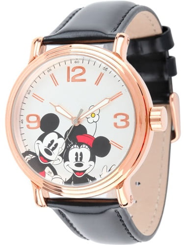 Disney Mickey & Minnie Men's Shinny Rose Gold Vintage Articulating Alloy Case Watch, Black Leather Strap