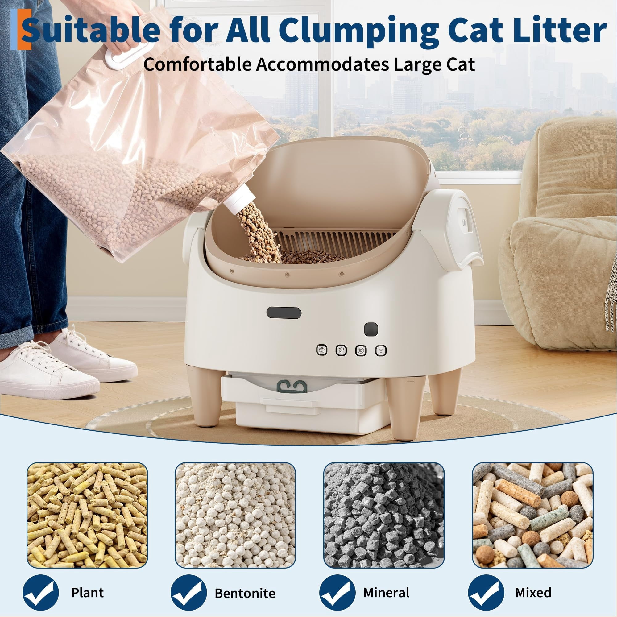 Babevy App Controlled Self-Cleaning Cat Litter Box, Automatic Odor-Control Toilet with Large Waste Bin & Open-Top for Multiple Cats
