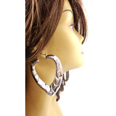 Large Puffy Heart Bamboo Silver Tone Hoop Earrings 3 inch