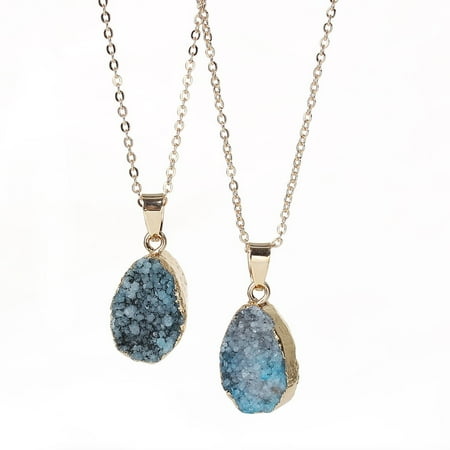 Large Stone Drop Necklace SEXY SPARKLES Natural Stone Druzy Drusy Necklace Pendant Link Cable Chain Peacock Blue Drop ()