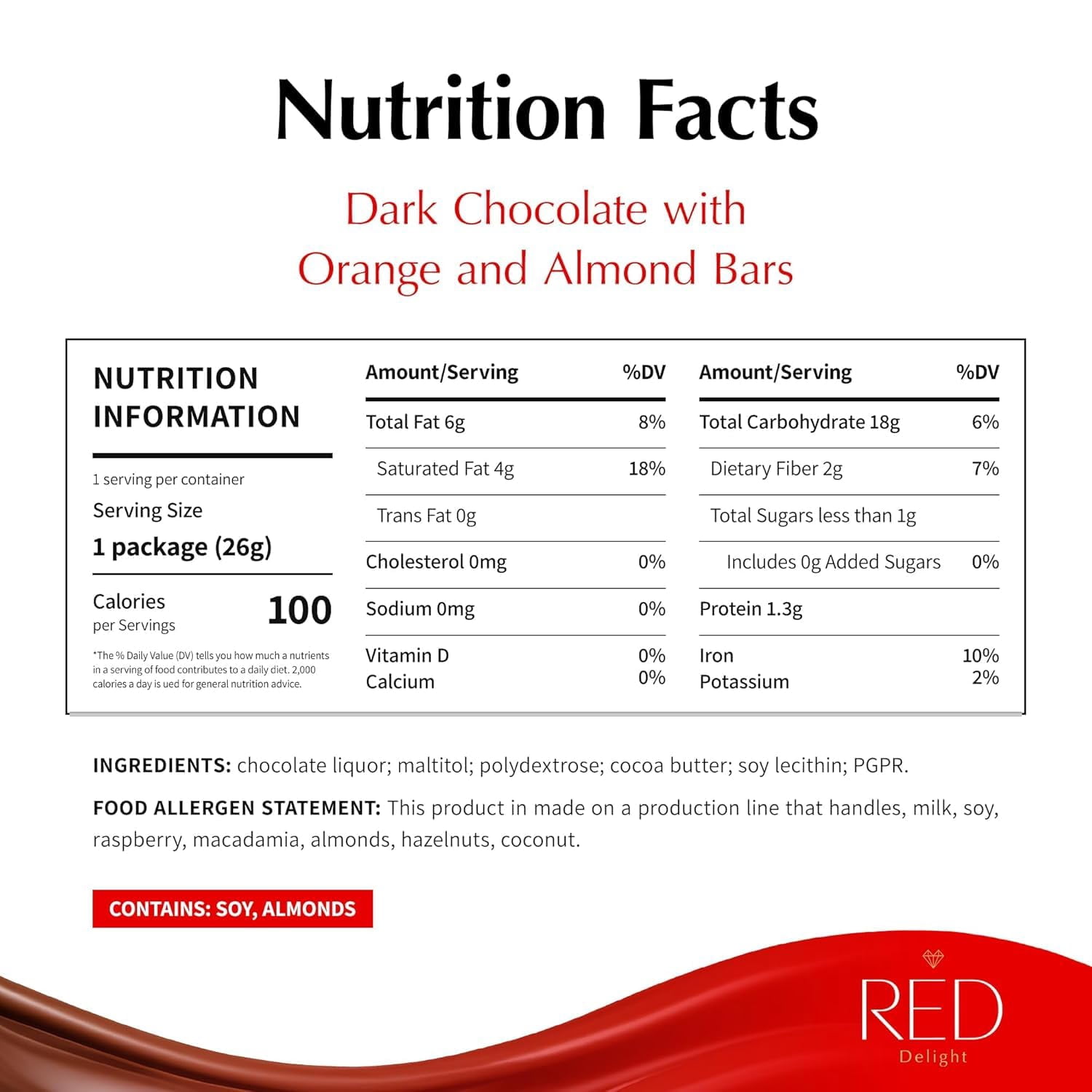 RED Delight Orange and Almond Dark Chocolate 12 Count Box of Grab N Go Travel Size Bars (0.92 Ounces Each)