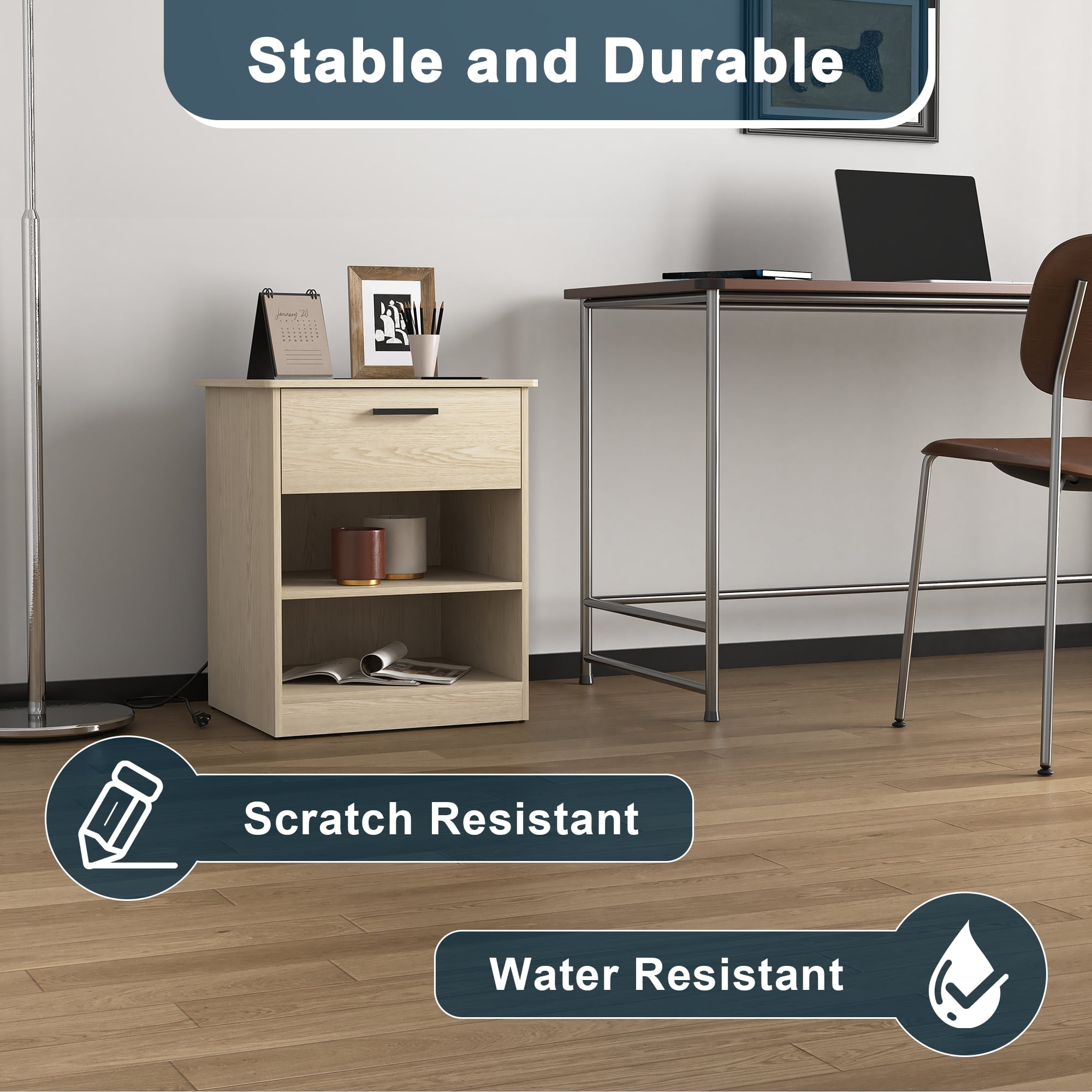 Demi Bonn 18.9" Side Table with Fast Charging Station USB C Cable Fast Charging, Wood End Table Nightstand with Drawer and Shelf for Living Room, Beige