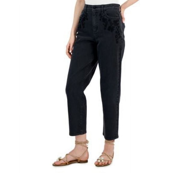 INC International Concepts Womens Embroidered Pocket High Rise Straight Leg Jeans Black 8