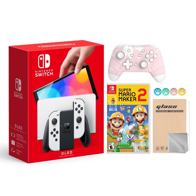 Nintendo Switch OLED Model White Joy Con 64GB Console Improved HD Screen & LAN-Port Dock with Super Mario Maker 2 And Mytrix Wireless Switch Pro Controller and Accessories