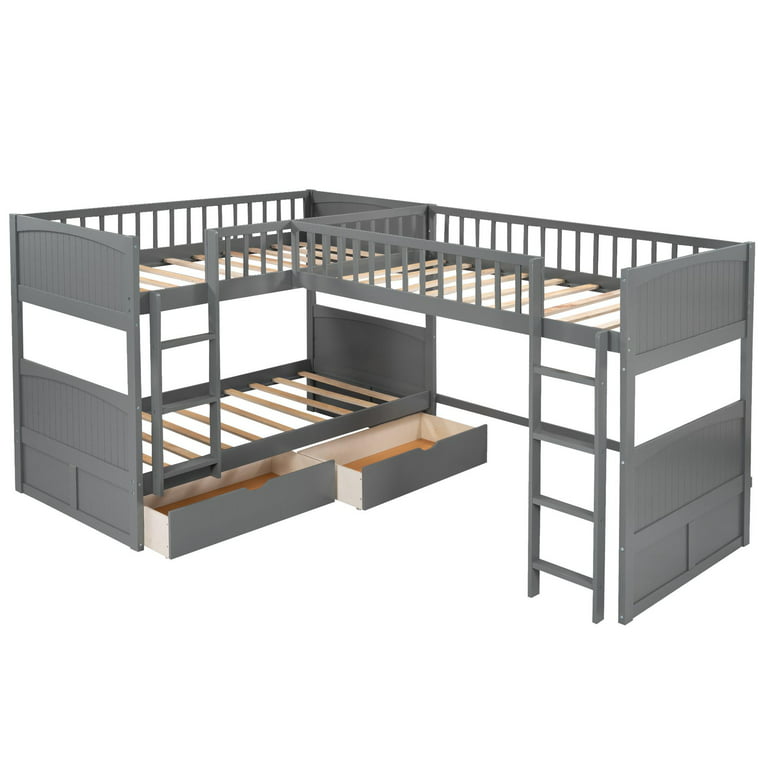 Twin Over Twin Triple Bunk Bed For 3, L-Shaped Bunk Bed Frame With Drawers  Full Guardrails And Flat Ladder, Wooden Loft Bed For Kids Boys Girls, Gray  - Walmart.Com