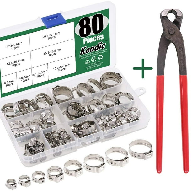 Keadic 80Pcs 1/4"15/16" 304 Stainless Steel Single Ear Hose Clamps Pex Pinch Clamp Assortment