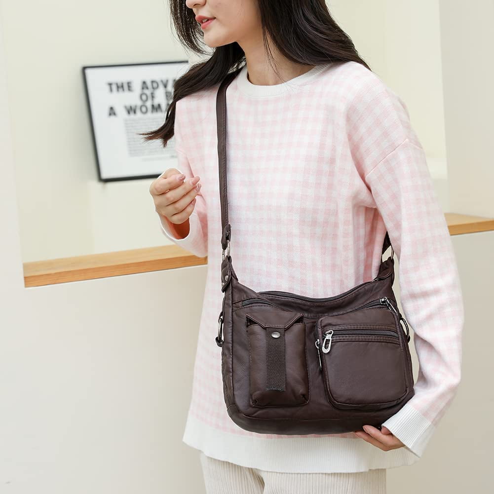Soft Leather Crossbody Purse for Women Pocketbooks Waterproof Shoulder Bag Ladies Multi Pocket Crossbody Bag