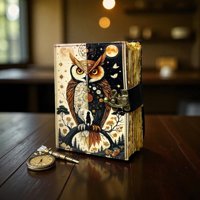 Owl Leather Journal – Gothic Grimoire Book of Shadows – size 5x7 Inch | 200 Pages Handmade Paper | Locking Diary |