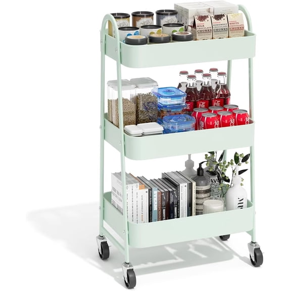 QUIOCOZY 3-Tier Metal Rolling Utility Cart, Mobile Storage Organizer with Lockable Wheels for Kitchen, Bathroom, Living Room & Small Spaces, Mint Green