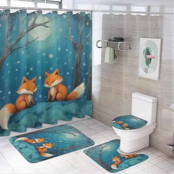 4 Pcs Vintage Fox Shower Curtain Set with Rug Rustic Forest Wild Animal Love Bathroom Sets with Waterproof Shower Curtain and Non-Slip Rugs Toilet Lid Cover Bath Mat Decor with 12 Hooks