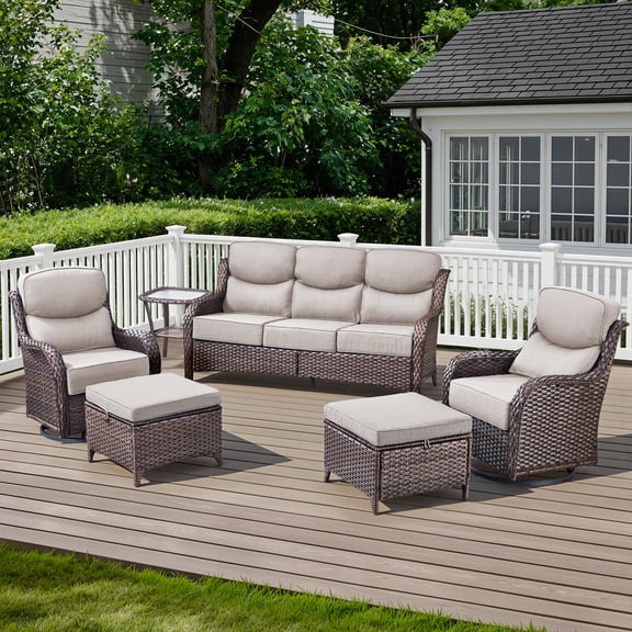 POCASSY 6-Piece Outdoor Patio Furniture Set, Brown Wicker Conversation Set with Sofa, 2 Swivel Rocking Chairs, 2 Ottomans and 6-Inch Extra Thick Beige Cushions