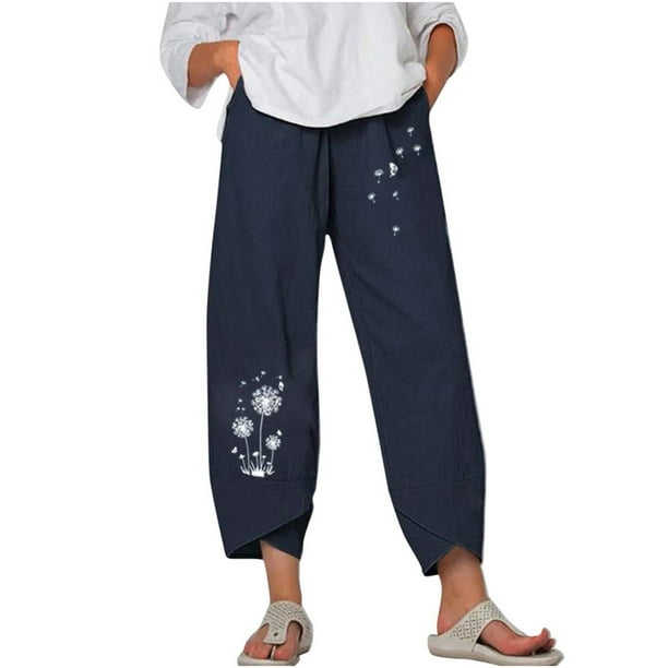 Pantalones Estampados de Bolsillo de Algodón Y Lino Sueltos Casuales de Verano Para Mujer Pantalones Odeerbi ODB-6