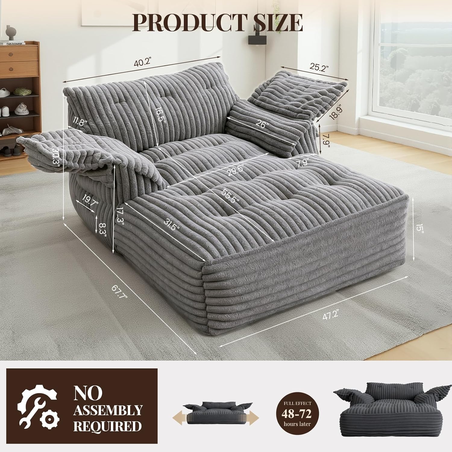 Reliancer 67.7" Oversized Chaise Lounge Chair, Light Gray Faux Fur photo 8