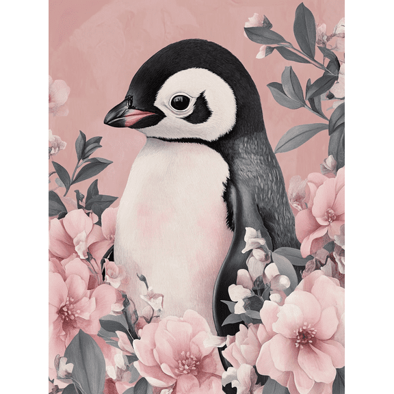 Cute Penguin with Pink Flowers Canvas Print/Wall Art， Suitable for Living Room， Bedroom， Bathroom， Office， and Nursery Decoration.