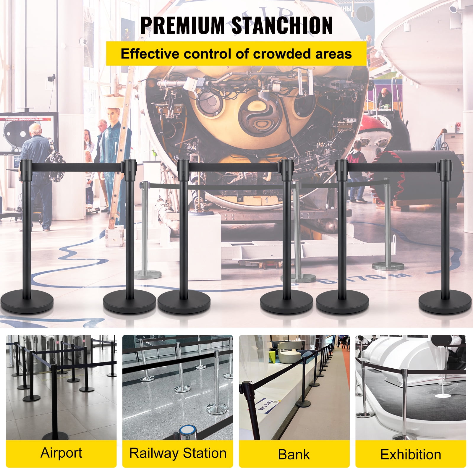 KFFKFF Crowd Control Stanchion, Set of 6 Pieces Stanchion Set, Stanchion Set with 6.6 ft/2 m Black Retractable Belt, Black Crowd Control Barrier w/Concrete and Metal Base – Easy Connect Assembly