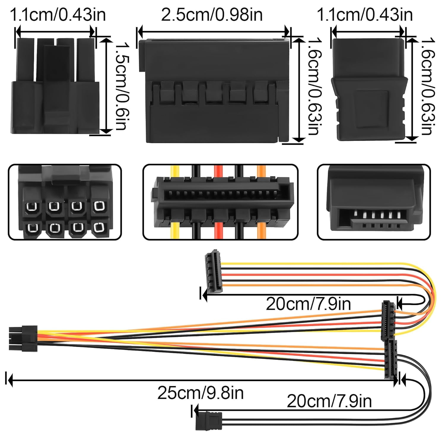 HRTGFD-OptiPlex 3040 5040 7040 MT SATA Power Cable Small 8Pin to 3X 15Pin SATA + 6Pin SATA Power Cord for Hard Drive/Optical Drive