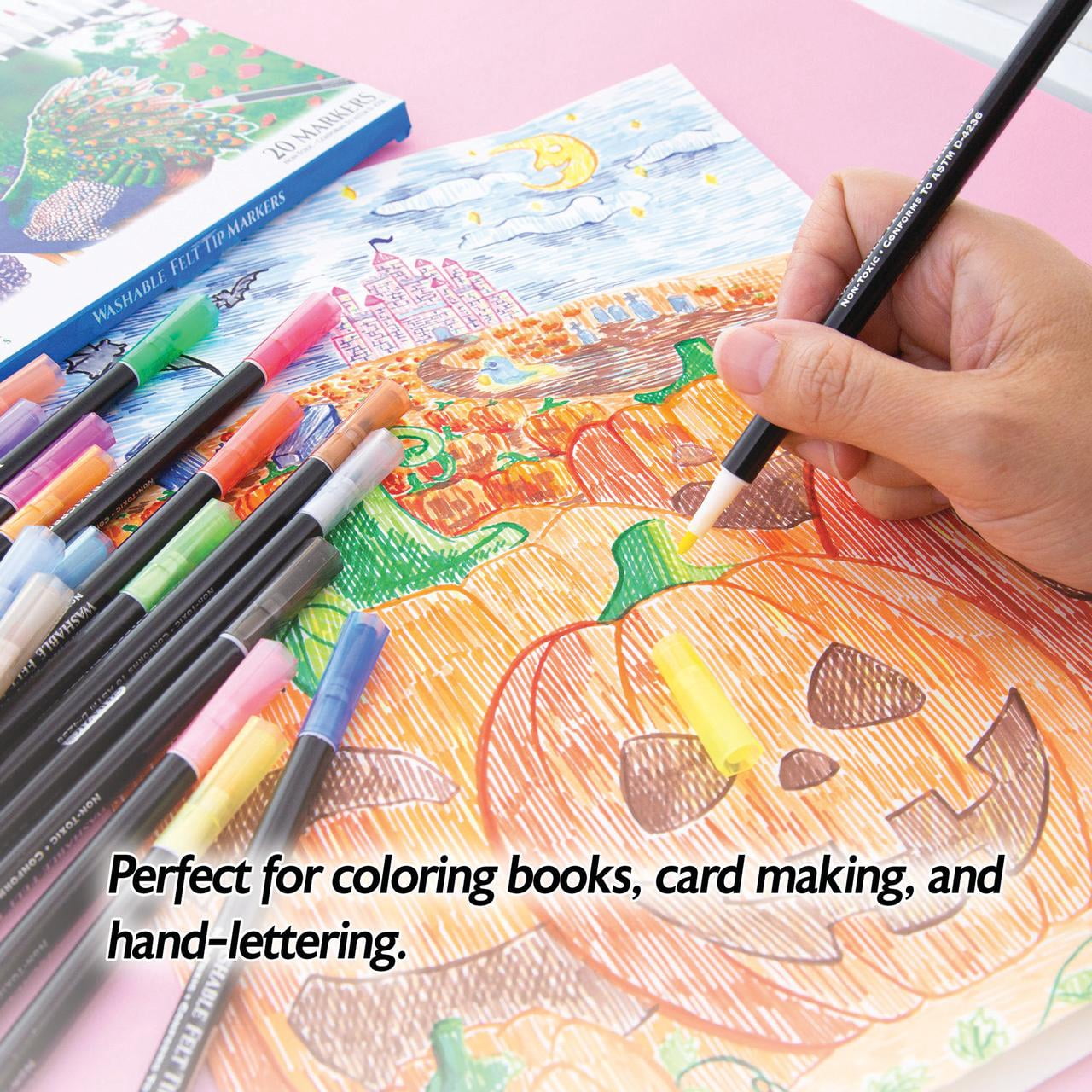BAZIC Felt Washable Markers 20 Colors, Fine Line Coloring Marker, Non Toxic Art Supplies (20/Pack), 1-Pack