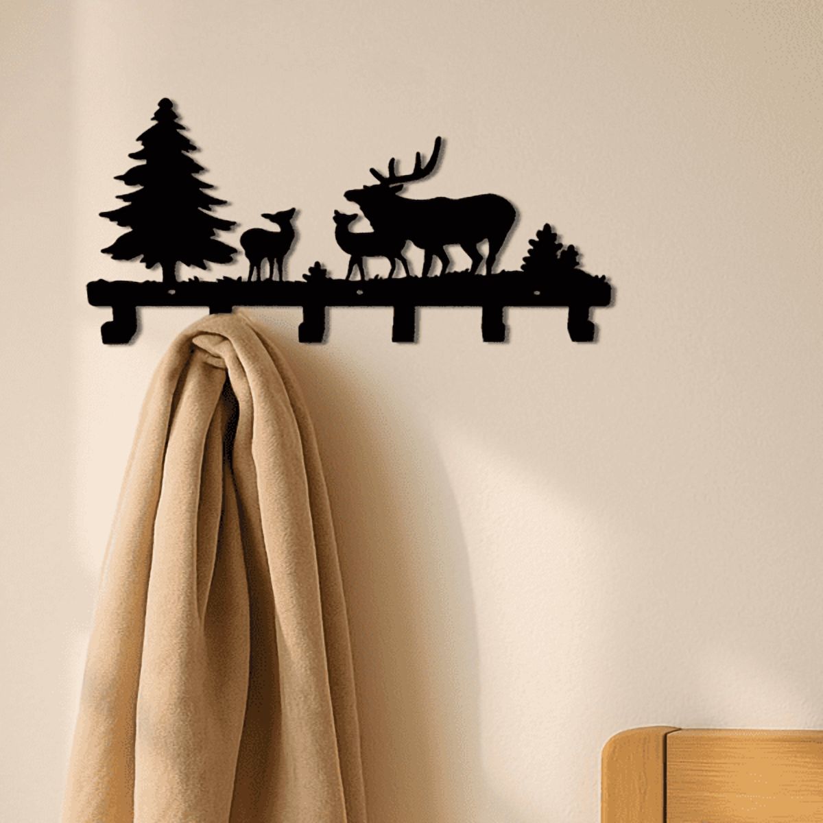 Farmhouse Rustic Animal Coat Hook Rack, Wall-Mounted Tree Branch Design with Black Puppy, Bear & Deer Hooks, Cute Towel & Jacket Hanger for Bathroo