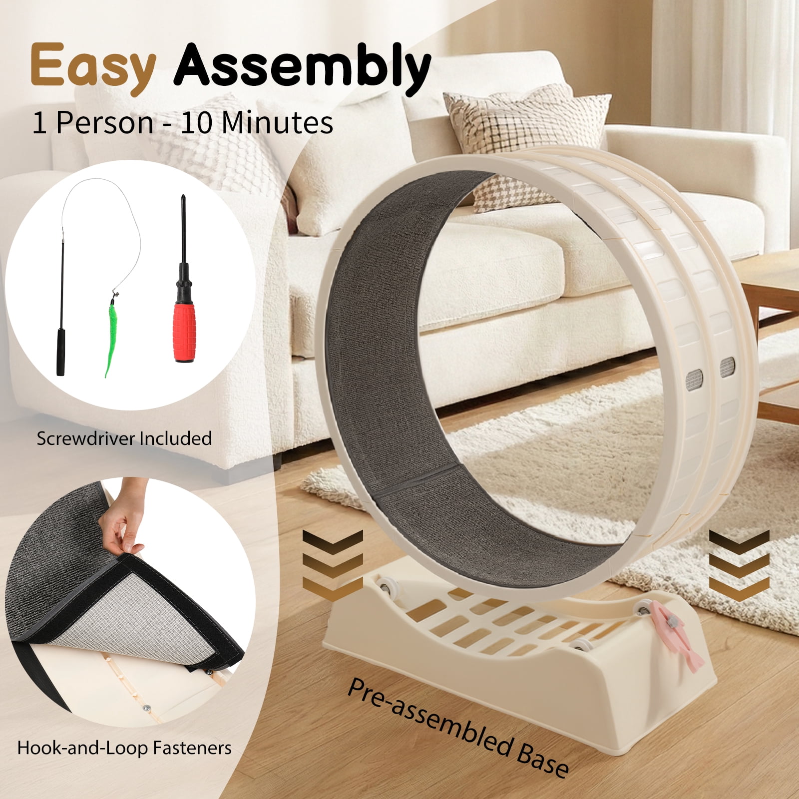 UBesGoo 31in Cat Exercise Wheel, Safe PP Treadmill with Green Mat & Free Teaser Wand, Beige