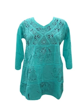 Mogul Peasant Elephant Printed Top Blue Embroidered Tunic Dress S