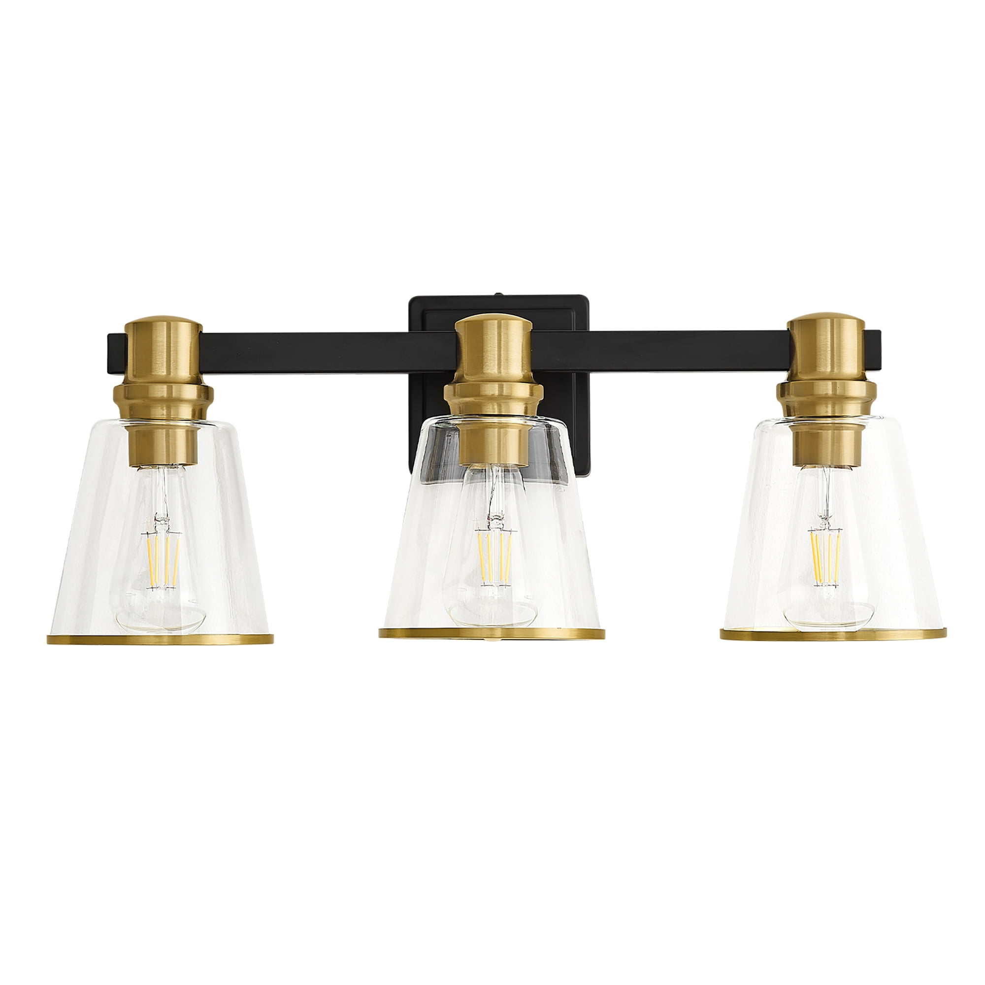 Vanity Lights Black Gold Bathroom Light Fixtures Over Mirror, 3 Light Vanity Lighting Fixtures, Mid Century Modern Wall Sconce with Clear Glass Shades for Farmhouse Bedroom