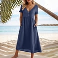 thumbnail image 2 of Kvture Women's Linen Midi Dress V Neck Button Front Short Sleeve Dress Loose Fit Casual Summer Dresses with Pockets Navy, 2 of 9