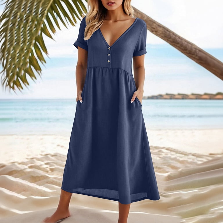 Frsasu Casual Cotton Linen Summer Dresses for Women Short Sleeve V-Neck Loose Fit Flowy Cozy Lounge Midi Sundress with Pocket Navy, Women's, Size