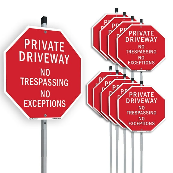 Private Driveway No Trespassing No Exceptions (10 Pack) 10 inch X 10 inch Octagon Plastic Signs with Aluminum Mounting Stakes Weather Resistant UV Protected for Workplace Private