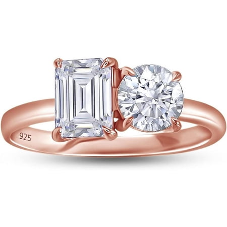 925 Sterling Silver 14K Rose Gold Plating Emerald Shape & Round Cut White Diamond Toi Et Moi 2-Stone Promise Wedding Engagement Ring For Women