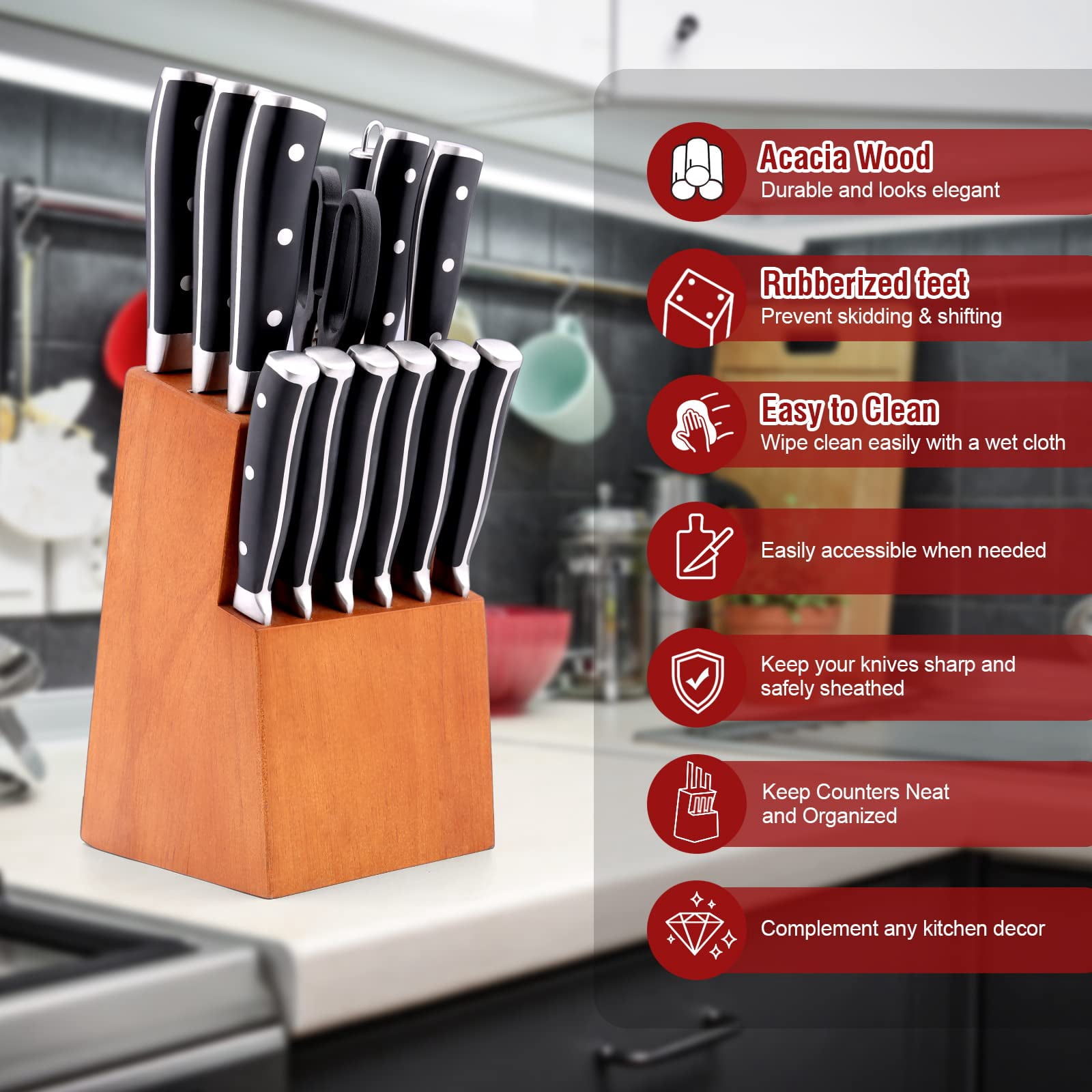 Vesteel Kitchen Knife Set with Block, 16-Piece High Carbon Stainless Steel Knife Block Set Includes Chef Utility Paring Steak Serrated Bread Knife