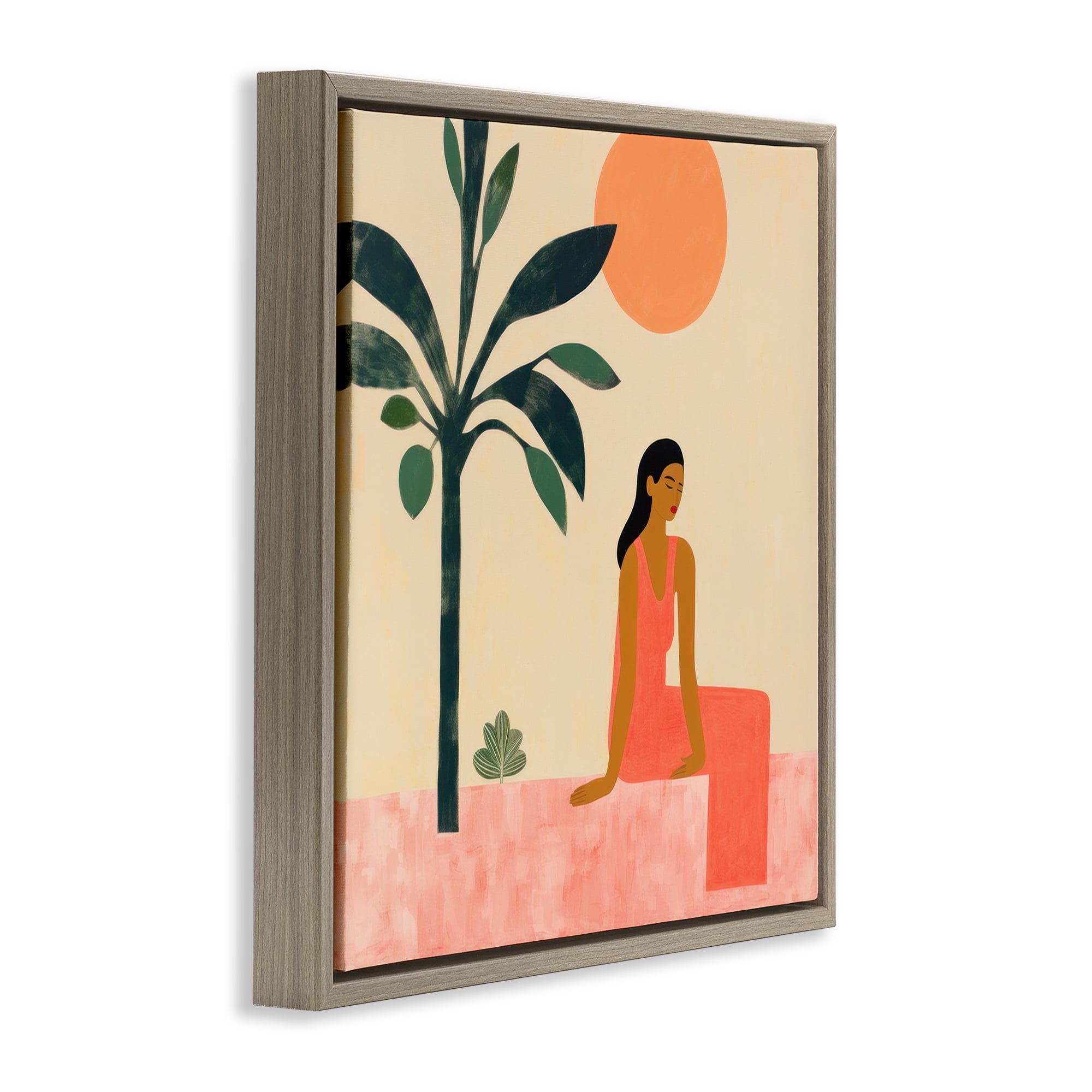Stupell Industries Tropical Scene & Woman People Painting Brown Floater Framed Canvas Art Print Wall Art, 25 x 25
