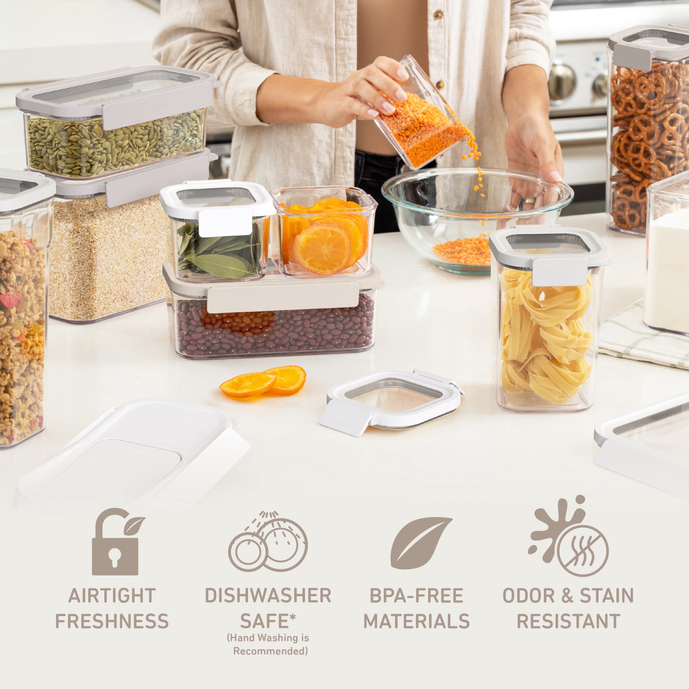 Bentgo Pantry - 22-Piece Airtight Food Storage Containers, Clear and Stackable Kitchen and Pantry Organization Set, Locking Lids for Freshness, Cereal Lid & Scoop, BPA-Free Plastic (White Stone)