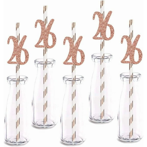 Rose Happy 26th Birthday Straw Decor, Rose Gold Glitter 12pcs Cut-Out Number 26 Party Drinking Decorative Straws, Supplies