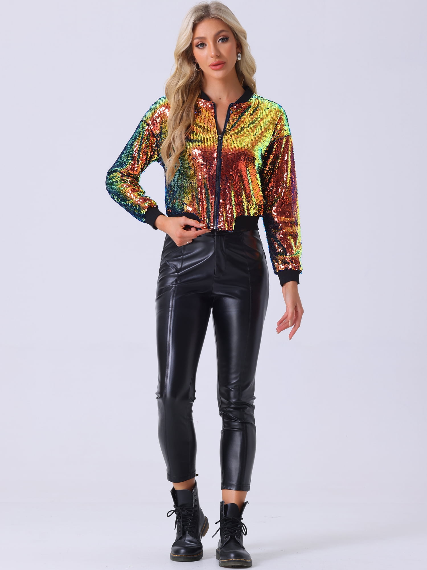 DARING DIVA Women's Sparkle Sequin Zipper Bomber Jacket M Green Pink