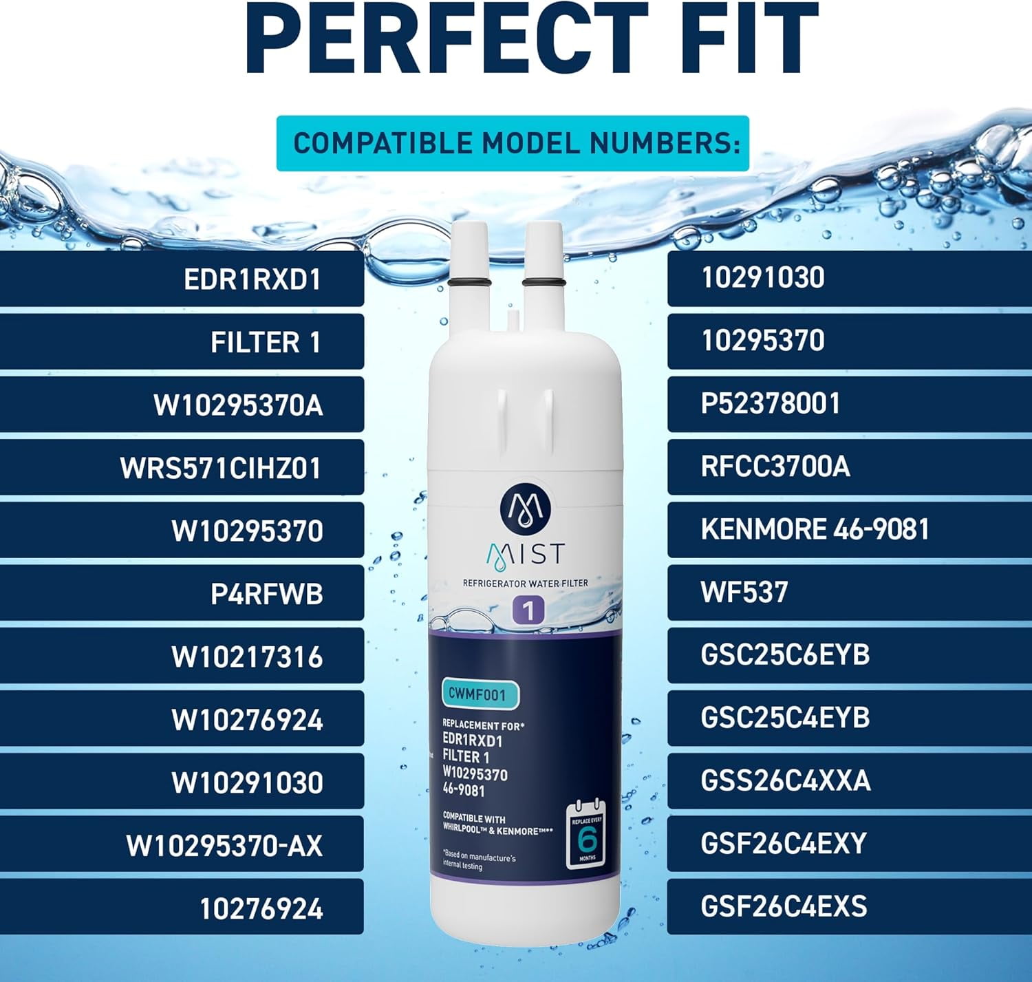 Mist Refrigerator Water Filter Replacement for Whirlpool EDR1RXD1, W10295370A, Everydrop Fridge Filter 1 and Kenmore 46-9081, 3pk