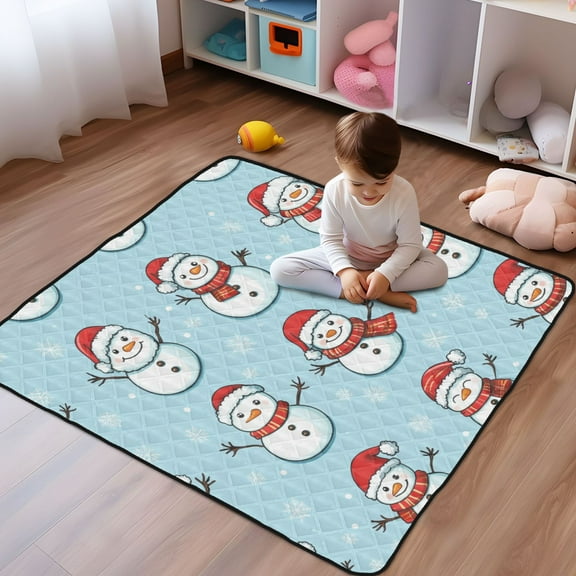 WOBOGO Cute Christmas Snowmen Pattern on Blue Background Baby Playmats Extra Large Waterproof Rollable Activity Pads for Toddlers 50×50inch