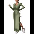 thumbnail image 3 of Vestido Maxi de Punto Acanalado con Cuello en V y Larga para Mujer, con Abertura en el Muslo y Ajustado. Verde M, 3 of 9